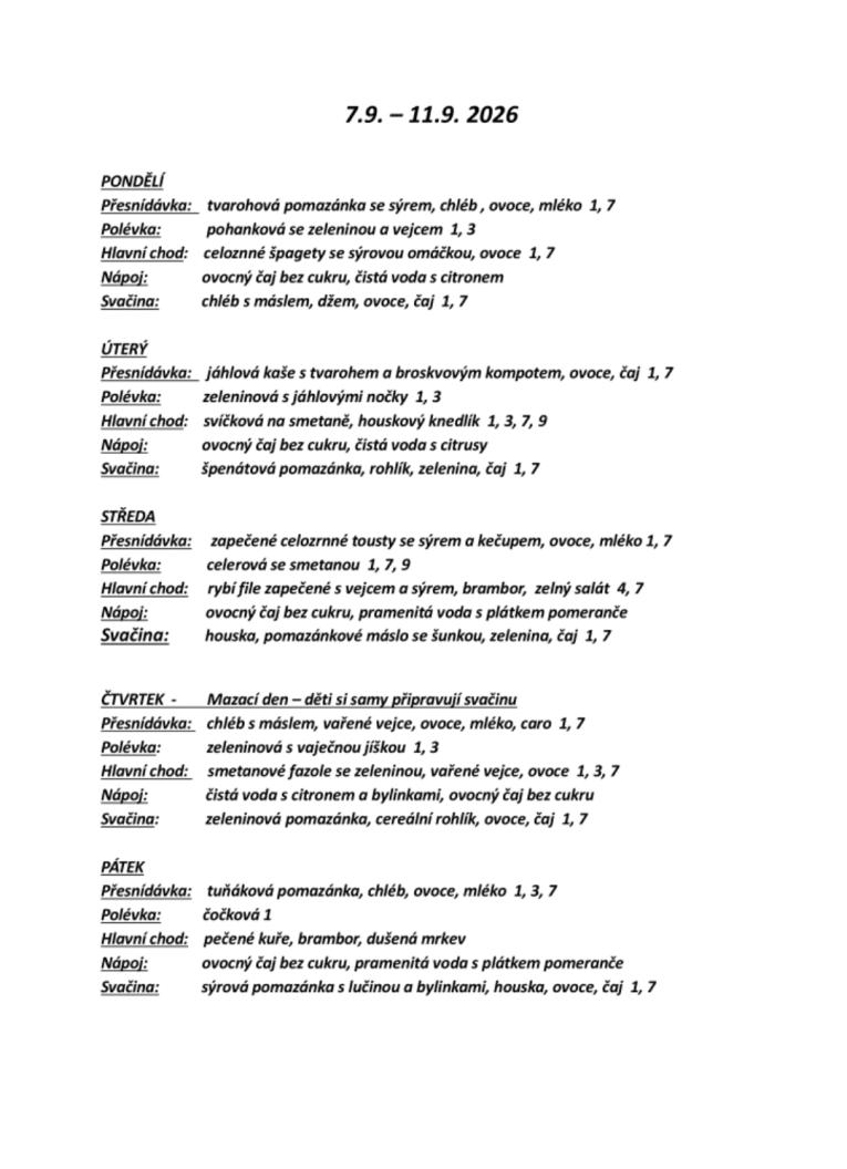 Jídelníček 7.&nbsp;- 11.&nbsp;9.